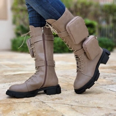 Women's Taupe Lace up High Combat Boots Lug Sole - Image 1 of 4