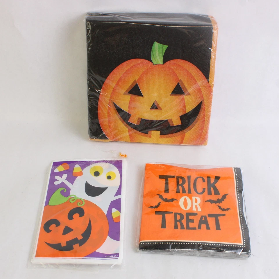 Lote de 3 servilletas de papel para bebidas y almuerzo Jack-O-Lantern de Halloween y bolsas de golosinas Foto 1 de 4