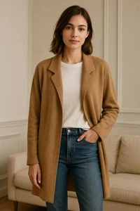 J Crew Vanessa Sweater-Jacket Camel Womens M Cotton Longline Classic Neutral - Picture 1 of 6