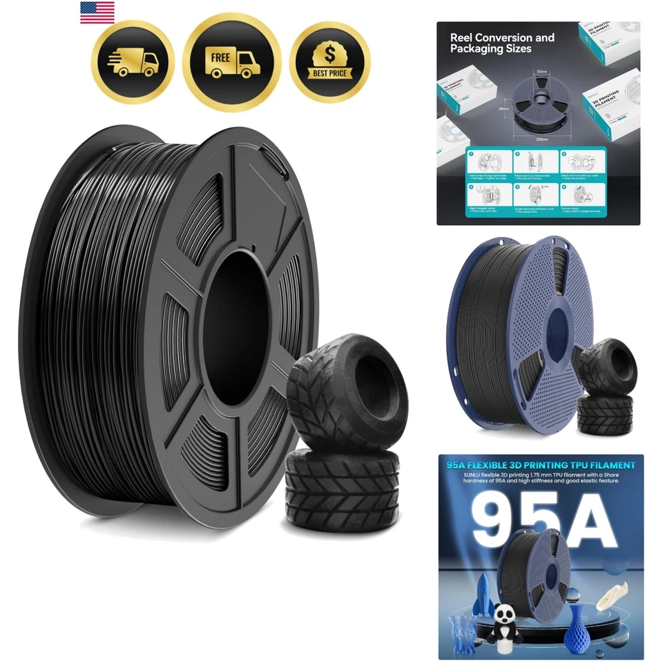 Filamento flexível para impressora 3D TPU 1,75mm 1KG alta velocidade durável preto - Imagem 1 de 4