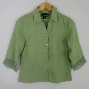 Robert Louis Womens M Green 3/4 Sleeve Linen Shirt Floral Embroidered Flowers - Picture 1 of 7