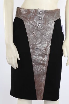 CATHERINE MALANDRINO Black Brown Leather Contrasted Pencil On Knee Skirt Size 6 - Image 1 of 4