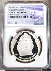 1987 ISRAEL SILVER 2 NEW SHEQALIM ENGLISH MENORAH NGC PF 68 ULTRA CAMEO RARE - Picture 1 of 3