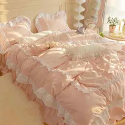 Princess Bedding Set Ruffle Lace Bed Skirt Duvet Cover Pillowcases Home Textiles - Image 1 of 4