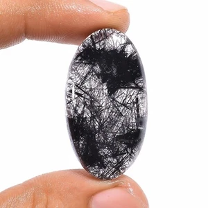 Natural Black Rutile Quartz Gemstone 32.50 Cts Loose Oval Cabochon 35X19X5 mm - Picture 1 of 6
