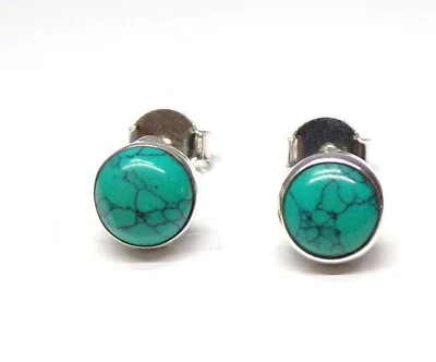 Handmade 925 Sterling Silver 8mm Round Turquoise Stone Stud Earrings Gift Bag - Image 1 of 4