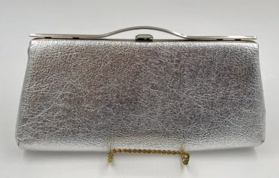VTG Dressy Silver Metallic Lame Evening Clutch Purse w/Clasp Lock Metal Handle - Image 1 of 4