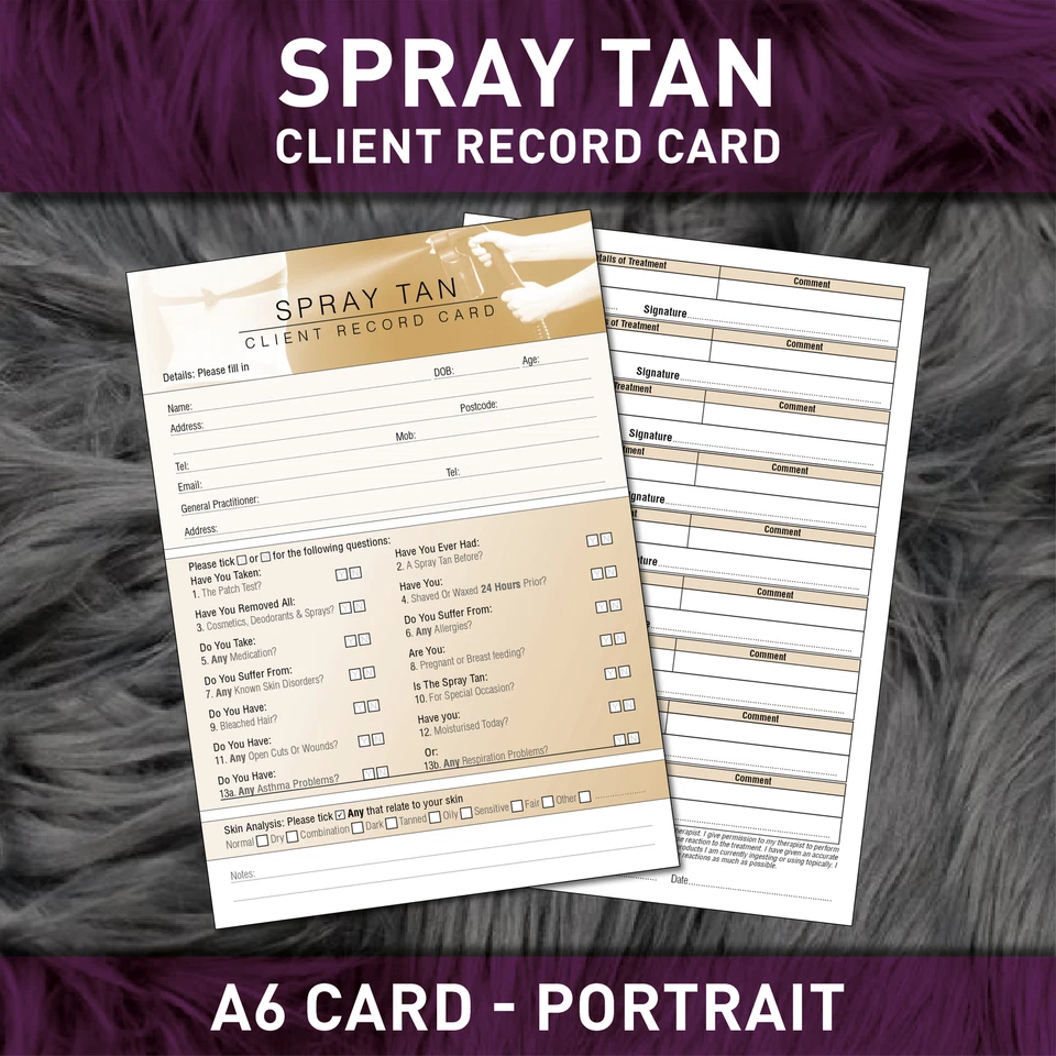 Spray Tan Client Record Card Treatment Consultation Therapists A6 / 50 Pack
