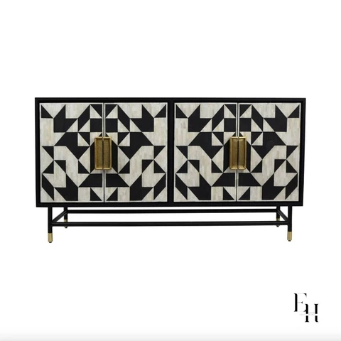 Antique Indian Handmade Bone Inlay Black Geometric Sideboard Buffets 4 Door Cover