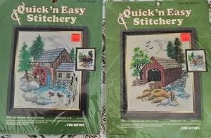 70s Quick n Easy Crewel Stitchery Kits Pine Valley Mill And Stoney Creek Bridge - Bild 1 von 6