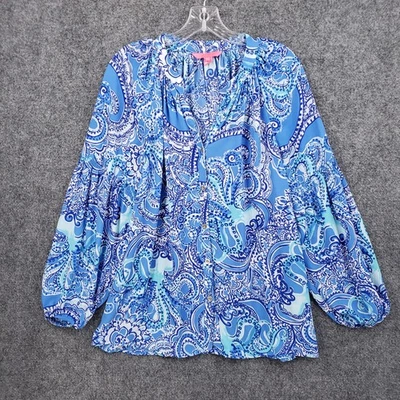 Blusa Lilly Pulitzer Top Mujer Azul Medio Anela Abotonada Paisley Manga Larga Foto 1 de 4
