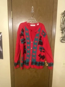 Vintage Karen Scott Knit Cardigan Sweater Cherry Red Scottie Dog Plaid Accent - Picture 1 of 9