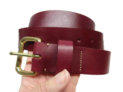 45" Handmade 100% cow hide burgundy leather belt full grain brass buckle plain O - Image 1 of 4