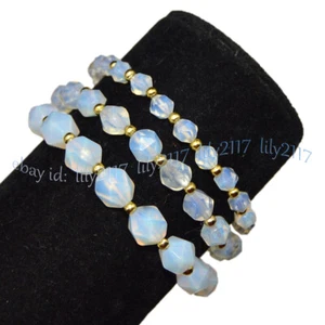Natural White Opal Faceted Polygons Diamond Cut Beads Elastic Bracelet 6/8/10mm - Picture 1 of 22