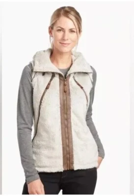 Kuhl Flight Women's Ivory Sherpa Fleece Stowaway Hood Full Zip Vest Size XL - Image 1 of 4