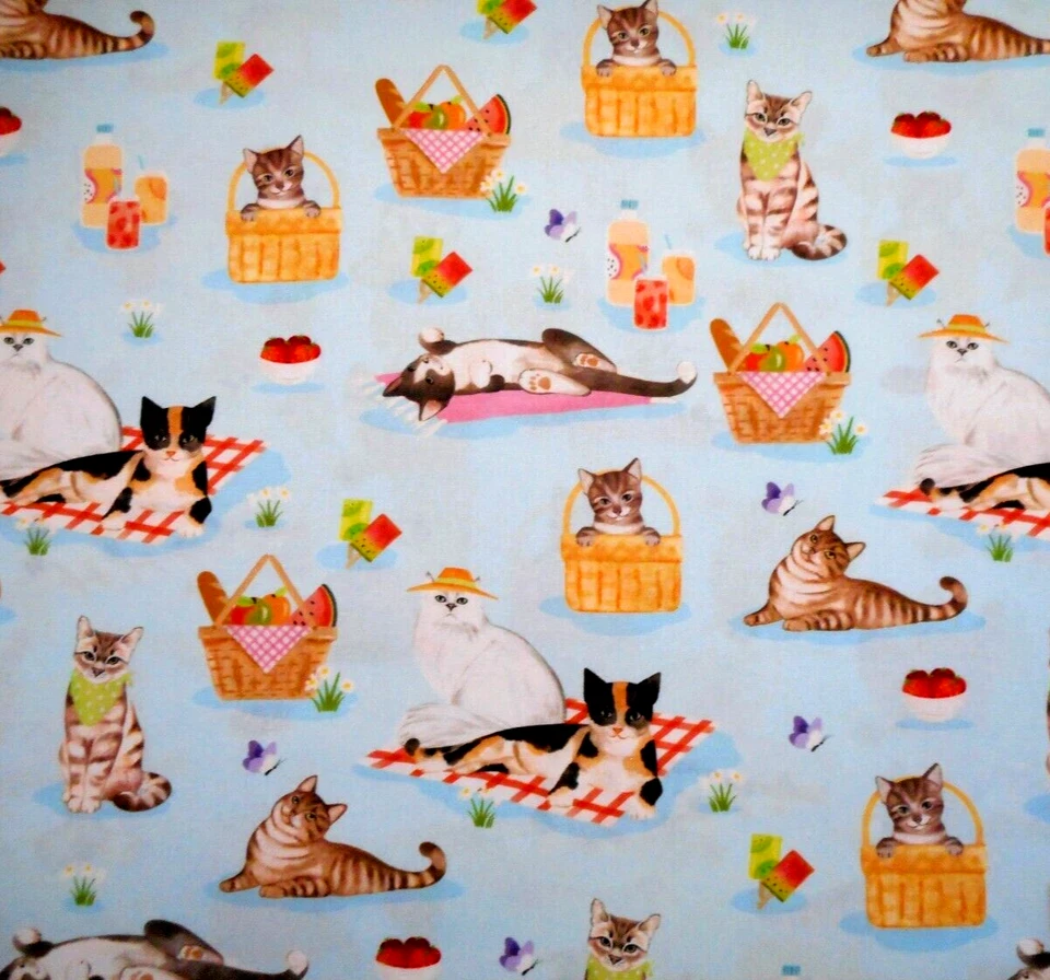 Quilt Fabric By The Yard Kitty Cat Picnic on Blue Kaufman Premium Cotton - Image 1 of 2