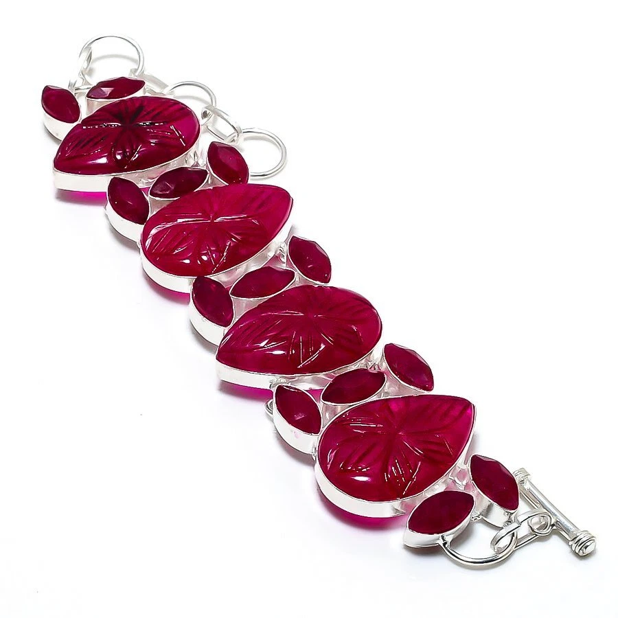Ruby(Simulated) Gemstone Handmade 925 Silver Bracelet 7-8" R-4204 - Image 1 of 1