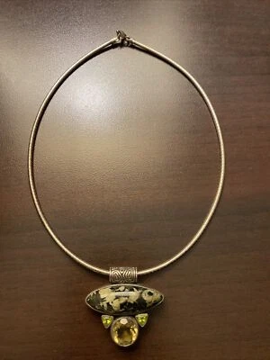 VINTAGE STERLING SILVER PERIDOTS LEMON QUARTZ GEMSTONE PENDANT NECKLACE - Image 1 of 4