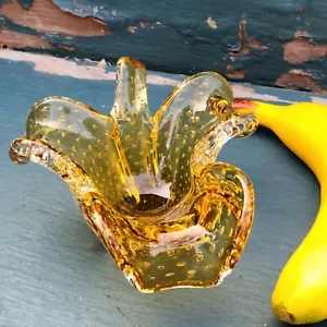 Murano Kunst Glas Bernstein Bullicante kontrolliert Blasenfreie Form Kleeblatt Schale - Bild 1 von 9