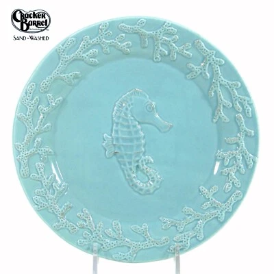Cracker Barrel SAND WASHED - SEAHORSE 8" Salad Dessert Plate Aqua Marine Life - Image 1 of 4