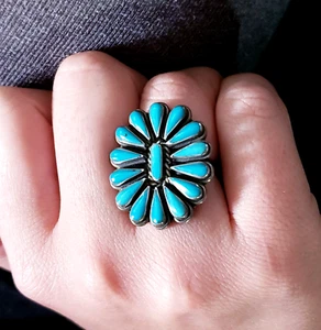Zuni Sterling Silver Turquoise Needlepoint Ring Size 7.5 Native American Vintage - Picture 1 of 11
