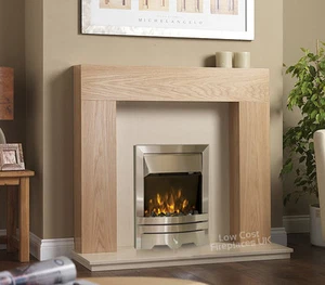 SOLID OAK ELECTRIC SURROUND CREAM MARBLE MODERN FIRE FIREPLACE SUITE LIGHTS 48" - Picture 1 of 2