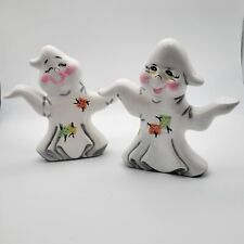 2 Vintage Friendly Double-Sided Ceramic Habd Painted Glitter Ghosts Halloween 