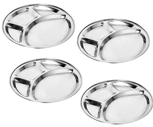 Stainless Steel Bhojan Patra Thali 4 Compartment Round Plates 10 Inch Set Of 4 - Picture 1 of 4