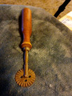 ANTIQUE Pie Crimper Dough Cutter Primitive BRASS-GREAT PATINA + Wood Handle-6" 