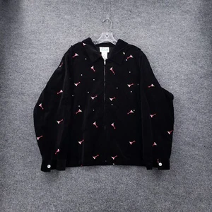 Quacker Factory Jacket Womens 1X Black Velour Embroidered Rhinestone Full Zip - Picture 1 of 11