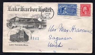 US 1915 ADVERTISING THE HARBOR HOTEL LAKE HARBOR, MICH. FRANKED SPECIAL DELIVERY - Image 1 of 2