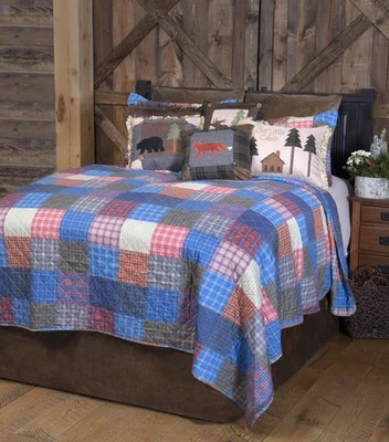 Juego de edredón estampado a cuadros de 3 piezas de retazos rústicos, king, azul Foto 1 de 4