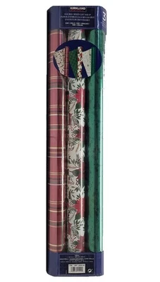 DoubleSided Holiday Gift Wrap Paper 180 Sq Ft 3Pack Plaid/Poinsettia/Holly - Image 1 of 2