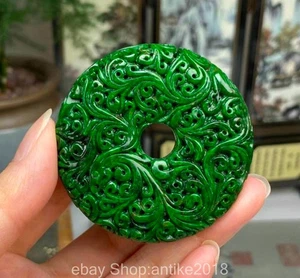 2.2" Old Chinese Natural Emerald Jadeite Green Jade Carved Flower Amulet Pendant - Picture 1 of 11