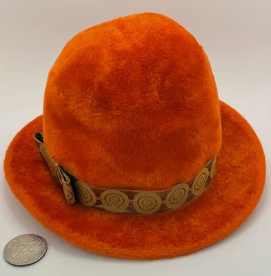 Vintage Ladies Hat Adolfo II Empress Felted Fur ORANGE Gold Ribbon Bowler EXCEL - Image 1 of 4