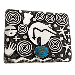Alex Sanchez, Belt Buckle, Kingman Turquoise, Petroglyphs, Navajo Made, 1 1/2" - Picture 1 of 3