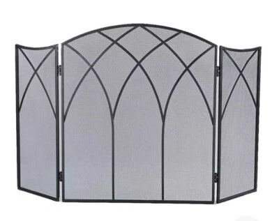 Pantalla de chimenea gótica de 3 paneles, acero negro, nueva Foto 1 de 3