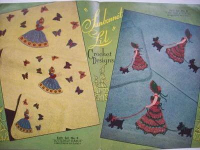 Sunbonnet Lil vintage crochet pattern women lady walking dog parasol posy trim  - Image 1 of 4