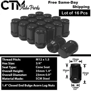 16x Black M12x1.5 Cone Seat Acorn Wheel Lug Nuts 3/4 Hex Fit Acura Honda Toyota - Picture 1 of 4
