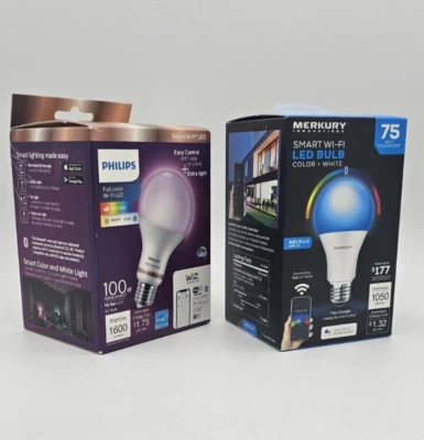 LED Smart Wi-Fi Color Changing Light Bulbs Set Of 2 Philips 100w Merkury 75w A21 - Image 1 of 4