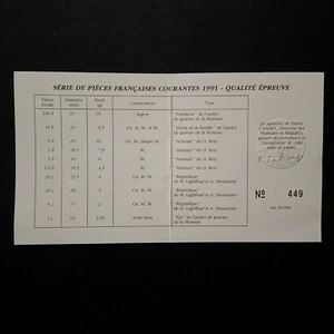 CERTIFICAT D'AUTHENTICITE COFFRET BE BELLE EPREUVE SERIE FRANCS 1991 / FRANCE - Picture 1 of 2