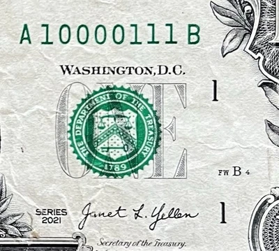 **TRUE BINARY** Series 2021 $1 - A 10000111 B - FANCY SERIAL NUMBER CURRENCY - Image 1 of 3