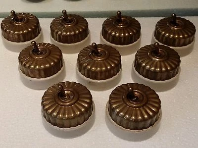 9 Pc Vintage Old Melon Brass & Ceramic Porcelain Light Electric Switches Button - Image 1 of 3