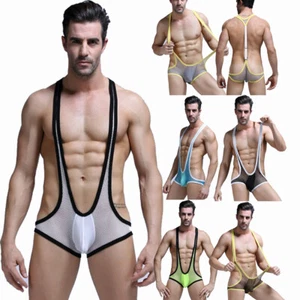 Mens Underwear Mesh See Through Bodysuits Penis Pouch Leotard Wrestling Singlet - Picture 1 of 36