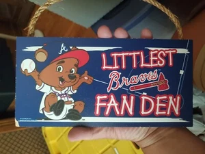 MLB-LITTLEST BRAVES FAN DEN SIGN - 5 X 10 WOODEN WITH ROPE HANGER- NEW w/ scuff - Picture 1 of 3