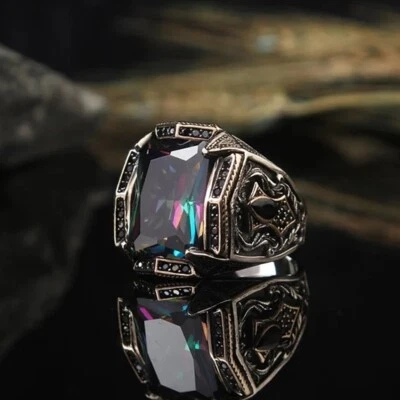 Men's Ring 925K Sterling Silver Turkish Jewelry Mystic Topaz All Size - Image 1 of 4
