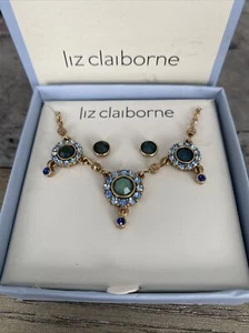 Liz Claiborne Green/Blue Circle Rhinestone Goldtone Necklace Matching Earrings - Picture 1 of 3