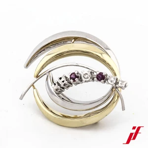 Brooch Pin 585/14K Yellow Gold White Gold Ruby Red Diamond - Picture 1 of 3