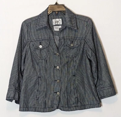 Women's "Live A Little" Navy Railroad Stripe Short Button Casual Jacket; Size M - Image 1 of 4