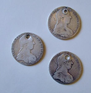 3 Antique 0.833 Silver Austrian Coin,THALER Maria Theresa Restrike,with hole - Picture 1 of 16